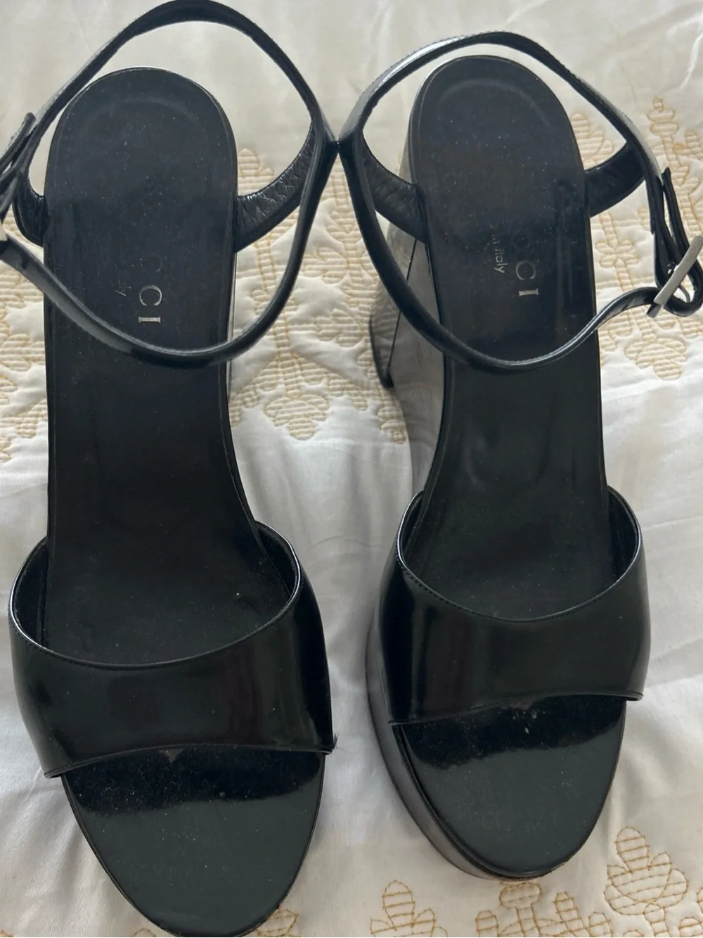 Gucci Black Patent Platform Wedge Sandals with Wood-Look Sole